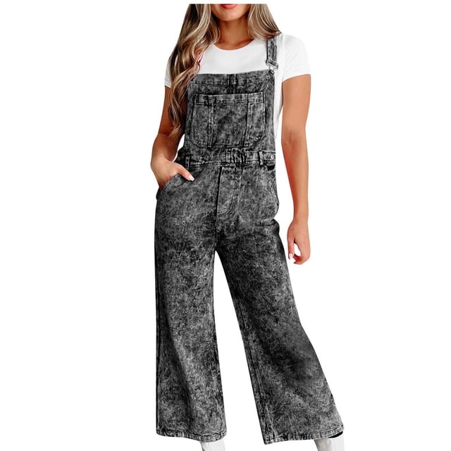 FAIWAD Denim Overalls Jumpsuits pour Femmes Combinaison Ample à Bretelles Ajustables à Bavette à Jambes Larges avec Poches