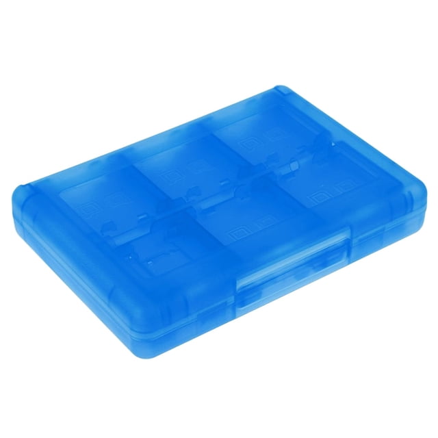 Durable Game Card Case Holder Cartridge Box 28 in 1 for Nintendo DS Accessories. A compact, translucent blue hard plastic case designed to hold up to 22 game cards, 2 SD cards, 2 Micro SD cards, and 2 styluses. Protects games from dust and scratches, compatible with Nintendo 3DS, 3DS XL, 3DS LL, NDS Lite, DSi, and DSi XL. Accessory only; game cards and styluses not included.