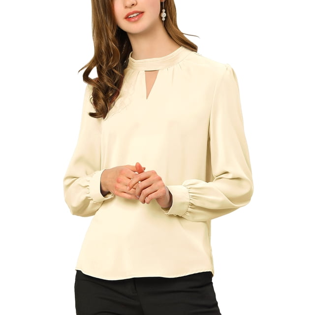 INSPIRE CHIC Women's Keyhole Stand Collar Pleated Back Button Blouse Tops