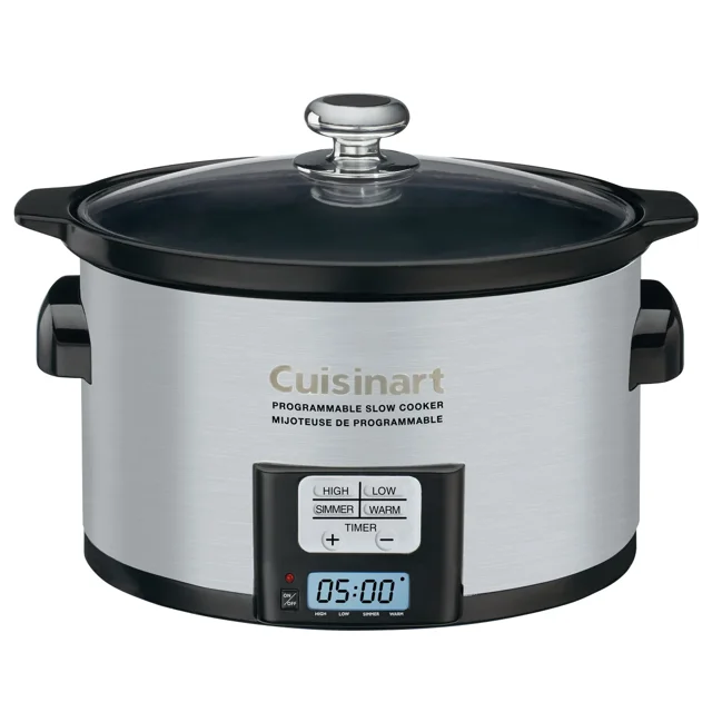 Cuisinart 3.3 L (3.5 qt.) Programmable Slow Cooker with brushed stainless steel housing, featuring a digital 24-hour LCD countdown timer, four cooking modes including high, low, simmer, and warm, and a removable oval ceramic pot with a glass lid and chrome-plated knob. Includes non-slip rubber feet and dishwasher-safe components.