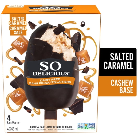So Delicious à Saveur de Caramel Salé, Sans Gluten, Sans Produits Laitiers, Barres Glacées à Base de Noix de Cajou 4x68 ml