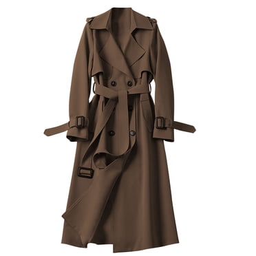 Lovzfmll Trench Coat for Women, Solid Color Notched Collar Belted Jacket, Elegant Pockets Adjustable Buckle for Office