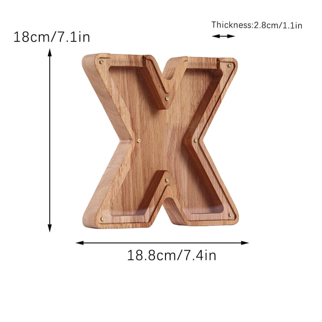 Agiferg Personalized Wooden Name Money Box in the shape of the letter 'X', crafted from natural wood with a transparent acrylic front. The box measures 18.8 cm (7.4 inches) wide, 18 cm (7.1 inches) tall, and 2.8 cm (1.1 inches) thick. Designed for saving coins, it features a removable acrylic cover secured with screws for easy access. Suitable as a decorative piece or a gift for children to encourage saving habits.