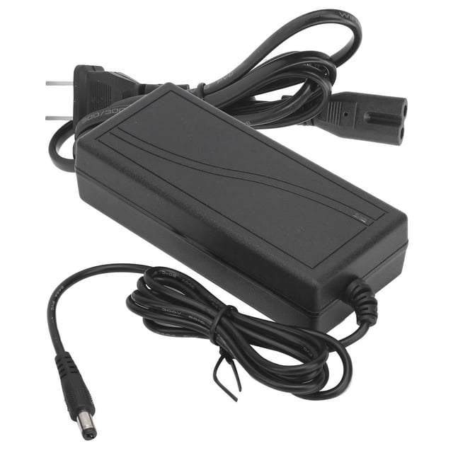 Electric Scooter Charging Adapter with 100-240V US plug, featuring a black PC engineering plastic shell. Includes a lithium battery charger with 42V 2A output and intelligent protection features such as overvoltage, overload, and short circuit safeguards. Suitable for electric scooters and car power adapter applications, with stable voltage and low noise operation.