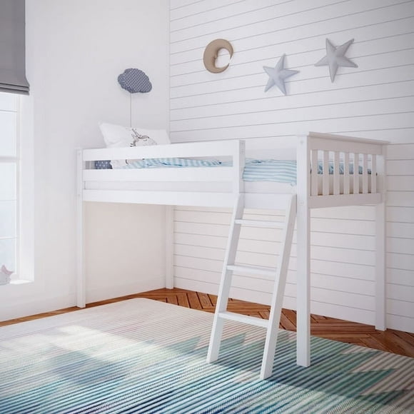 Max & Lily Twin Loft Bed, Solid Wood Loft Beds with Ladder for Kids, No Box Spring Needed, White