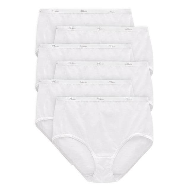 Hanes Women's 6-pack Basics Brief with six white high-rise briefs made of soft ringspun cotton featuring moisture-wicking Cool Comfort fabric, plush waistbands branded 'Hanes', full front and back coverage, and no-ride-up leg bands, arranged stacked on a white background, ideal for daily wear.