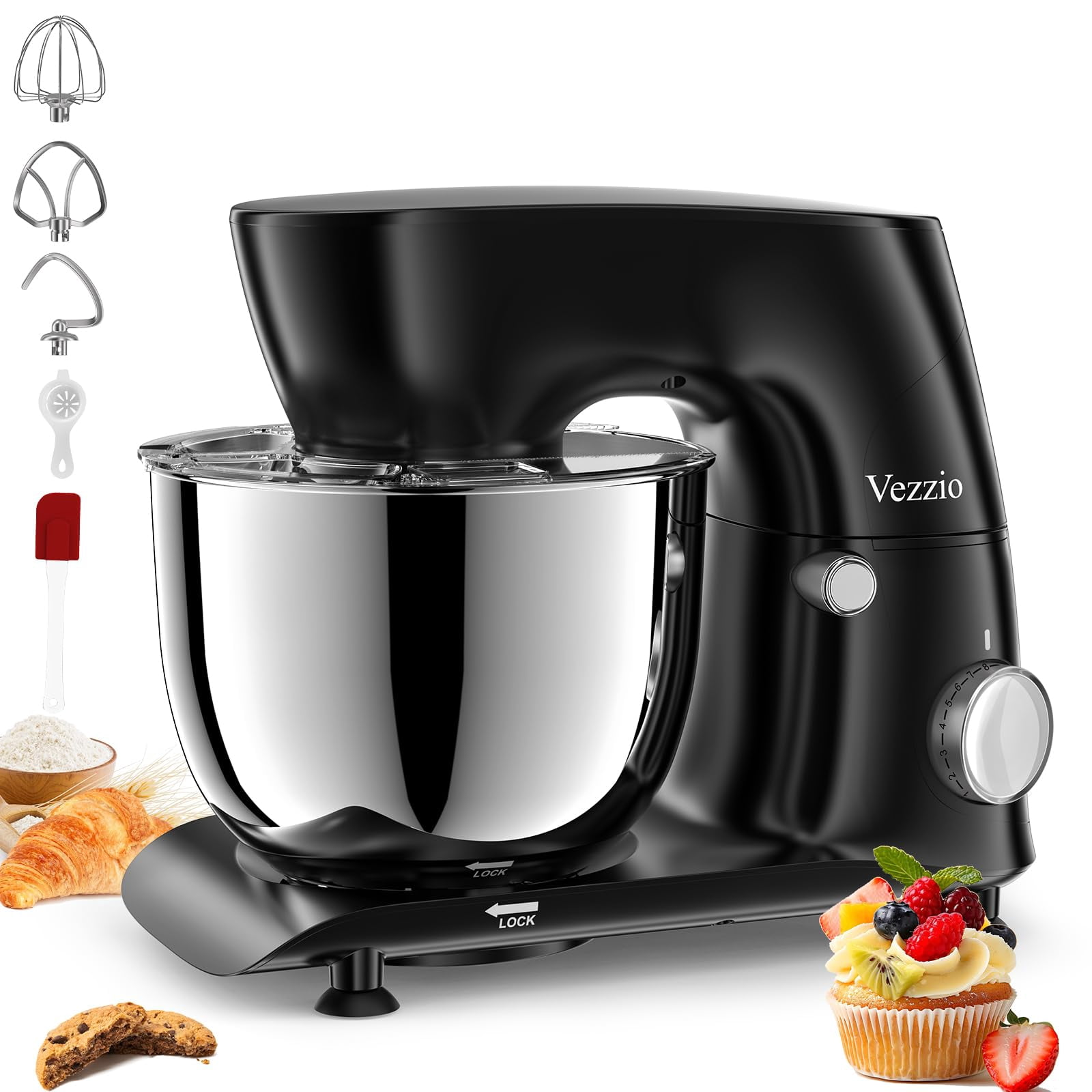 Vezzio Stand Mixer,6 Quarts,10-Speed Tilt-Head,Kitchen Food Mixer with Stainless Steel Bowl,Dough Hook,Whisk, Beater,Egg White Separator (Black)