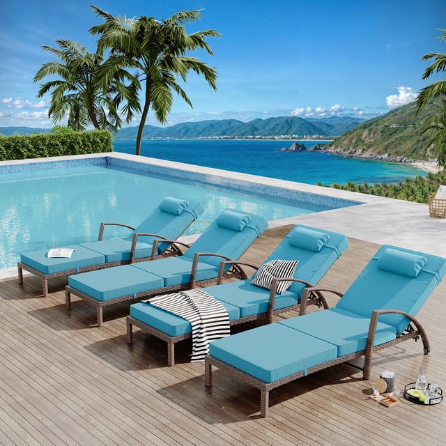 Set of 2 Outdoor Rattan Chaise Lounge Chairs, 5-Position Adjustable Recliners with Cushions & Wheels – All-Weather Patio Loungers for Backyard, Poolside – Peacock Blue / Red / Brown+Off-White