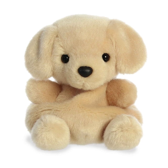Aurora Palm Pals - Sunny Lab 5-inch plush toy. This soft, tan-colored stuffed animal features a classic puppy design with floppy ears, black button eyes, and a black nose. Made from high-quality materials, it has a fluffy texture and bean pellets for added stability. Suitable for all ages.