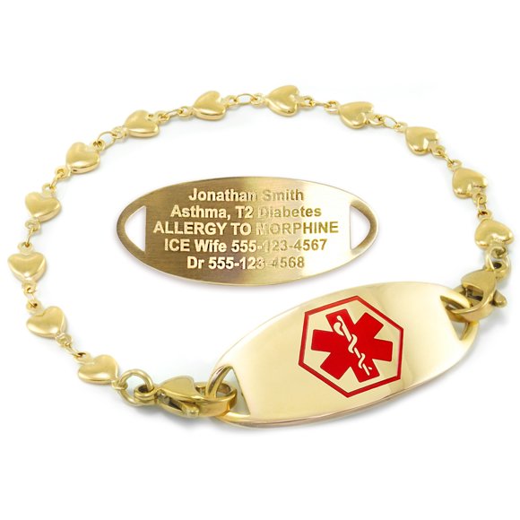 MedicEngraved Yellow Gold Stainless Steel Custom Medical Alert Bracelet - 5mm Heart Link