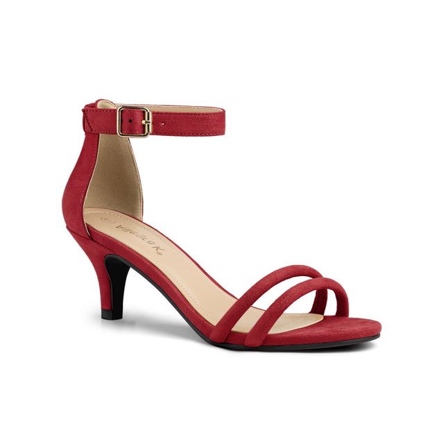 BLISSFUL STEP Women's Shoes Faux Suede Ankle Strap Kitten Heel Slide Straps Solid Sandals Red 6