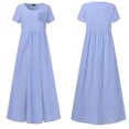 thumbnail image 4 of Robes Boho pour Femmes Été Plage Coton Lin Robe Maxi Col Ras du Cou Manches Courtes Fendue Vacances Robe Longue Unie, 4 of 4