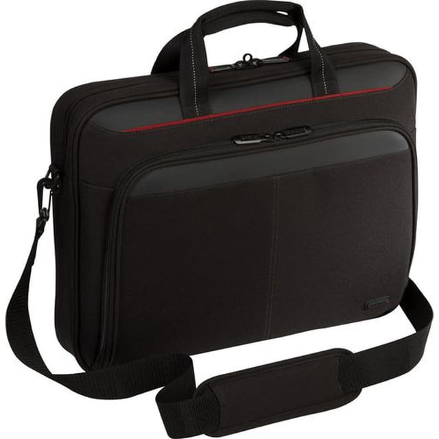 Targus Classic 14" Case in black durable polyester with red accent stitching, designed to protect 14-inch widescreen laptops, featuring a top-load compartment, large front zippered pocket with cell phone and accessory storage, padded handles, and a removable padded shoulder strap for ergonomic carrying.