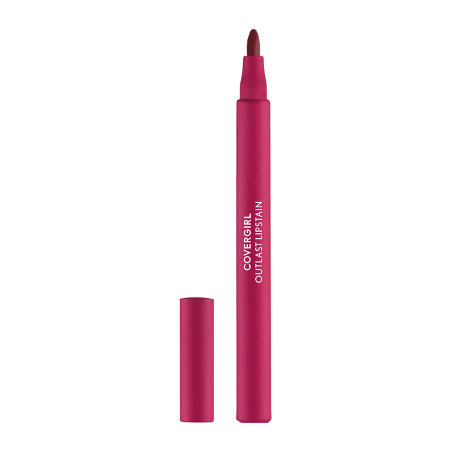 Outlast Lipstain by COVERGIRL, a slim matte berry pink lip stain pen with a precise pen-like tip applicator and matching cap removed, designed for smooth, transfer-proof satin finish lip color with a lightweight, vegan formula suitable for effortless daily wear.