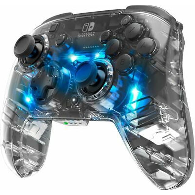 PDP Afterglow™ Wireless Deluxe Controller - Nintendo Switch with transparent polycarbonate housing showing internal circuitry and blue prismatic LED lighting, featuring dual programmable back buttons, motion controls, dual analog sticks, and D-pad for wireless gaming.