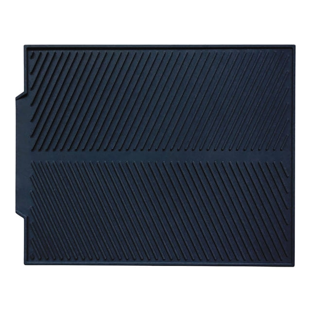 LSLJS Dish Drying Mat Silicone Large 16 X 13 Inch for Kitchen Heat Resistant Counter. This dark silicone mat features raised diagonal ridges for efficient drainage and air circulation, measuring 16.9 x 13.15 inches. It fits large kitchen items like frying pans and plates and includes a drainage mouth for easy water removal. Made from BPA-free, food-grade silicone, it is heat resistant up to 480°F and dishwasher safe. The mat is foldable for storage and versatile for use as a pot holder, pet food mat, or outdoor mat.