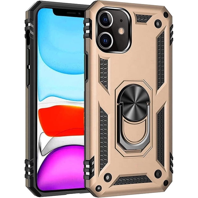 Supershield Armor-X Rugged iPhone 11 Case with Ring Holder in rose gold. This durable case features a robust design with black accents, precision cutouts for easy access to buttons and ports, and an integrated ring holder that doubles as a stand and is compatible with magnetic car mounts. Designed to protect against drops, impacts, and scratches while adding a stylish touch to your iPhone 11.