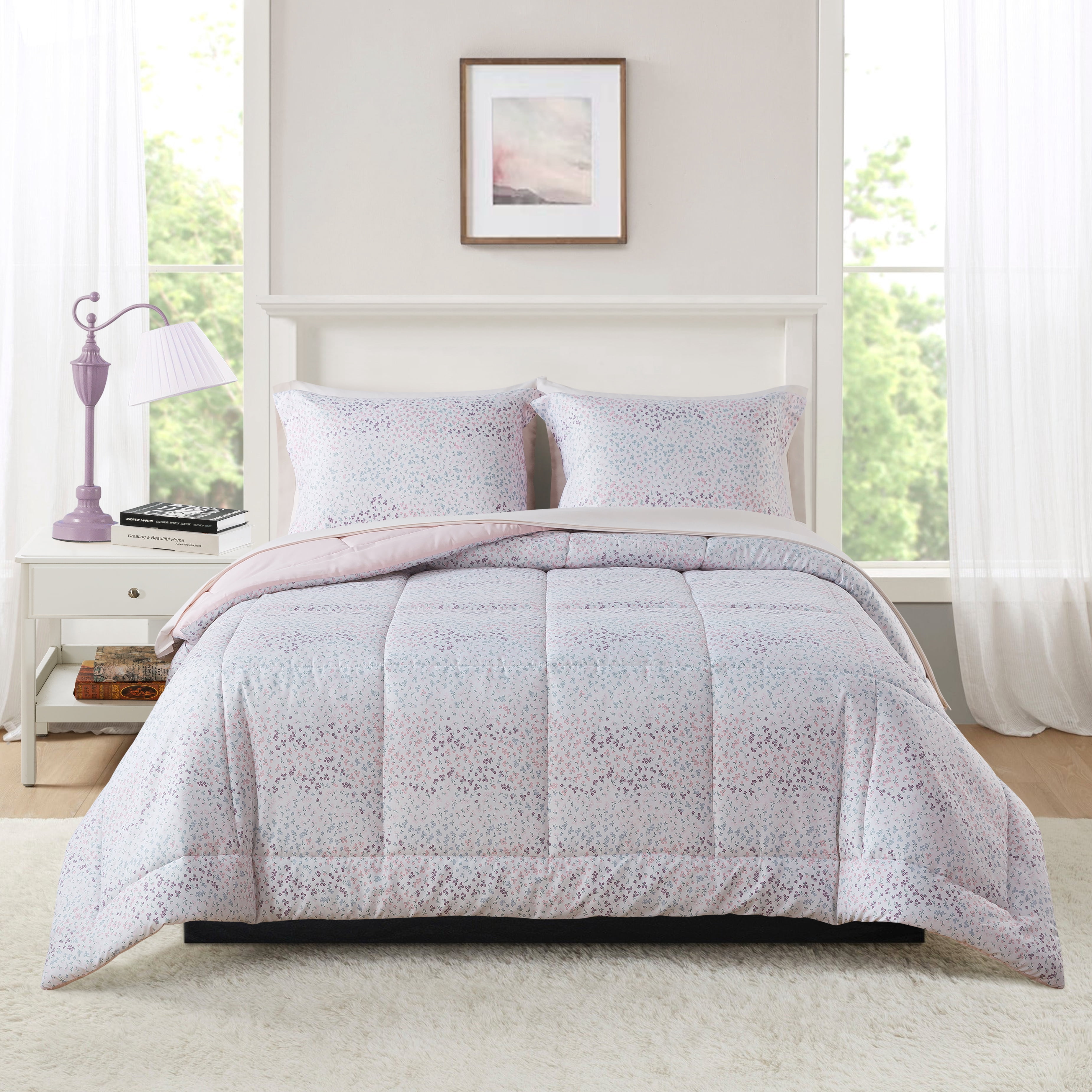 Mainstays – Ensemble de literie tout-en-un réversible avec couette et draps, 5 pièces, format simple très grand (Twin XL), rose blush