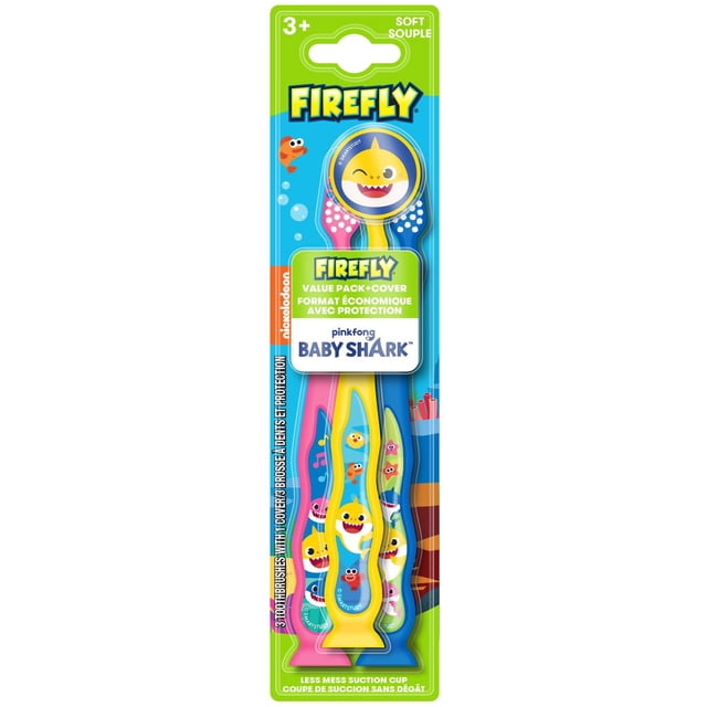 Firefly Baby Shark Brosse à Dents à Ventouse, Ensemble Économique avec Trois Brosses à Dents Manuelles pour Enfants en Rose, Jaune et Bleu, avec Poils Souples, Poignées Faciles à Saisir, bases à Ventouse pour Rangement en Position Debout et Capuchons Protecteurs avec Motifs Baby Shark.