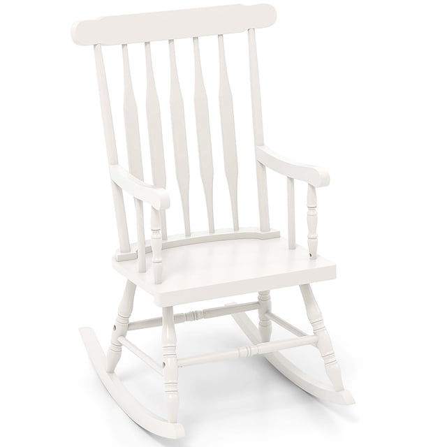 Gymax Chaise Berçante en Bois Fauteuil Berçant Simple Intérieur Jardin Patio Cour Blanc. Cette Chaise Berçante Blanche Est Fabriquée en Bois de Caoutchouc durable et Présente un Dossier à Lattes, des Accoudoirs Courbés et un Siège Légèrement Courbé pour un Confort Ergonomique. Conçue avec une base Berçante stable, Elle Convient à une Utilisation Intérieure et Extérieure, comme dans une Chambre de Bébé, un Salon, un Patio Ou un Jardin. la Chaise Mesure 25,5 Pouces de Large, 32,5 Pouces de Profondeur et 46,5 Pouces de Hauteur, avec une Hauteur d'Assise de 17,5 Pouces