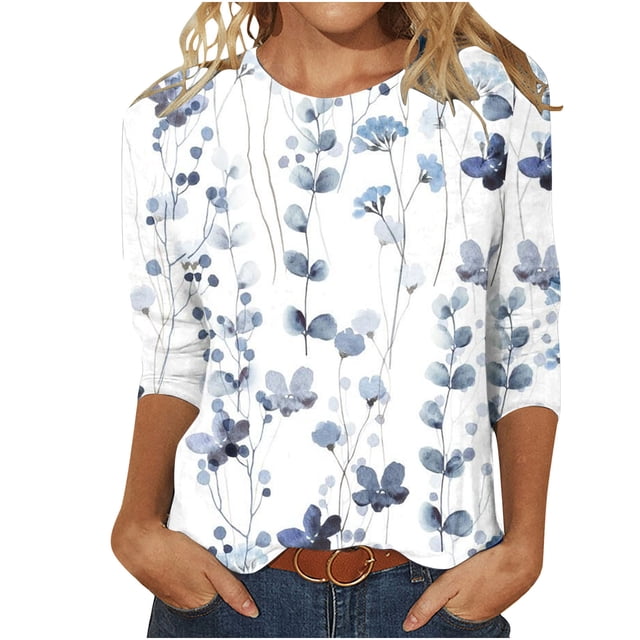 Pisexur Hauts pour Femmes Grande Taille Mode Chemises 3/4 Automne Décontractées Blouses à Col Rond Mignonnes à Imprimé Floral Tuniques Amples