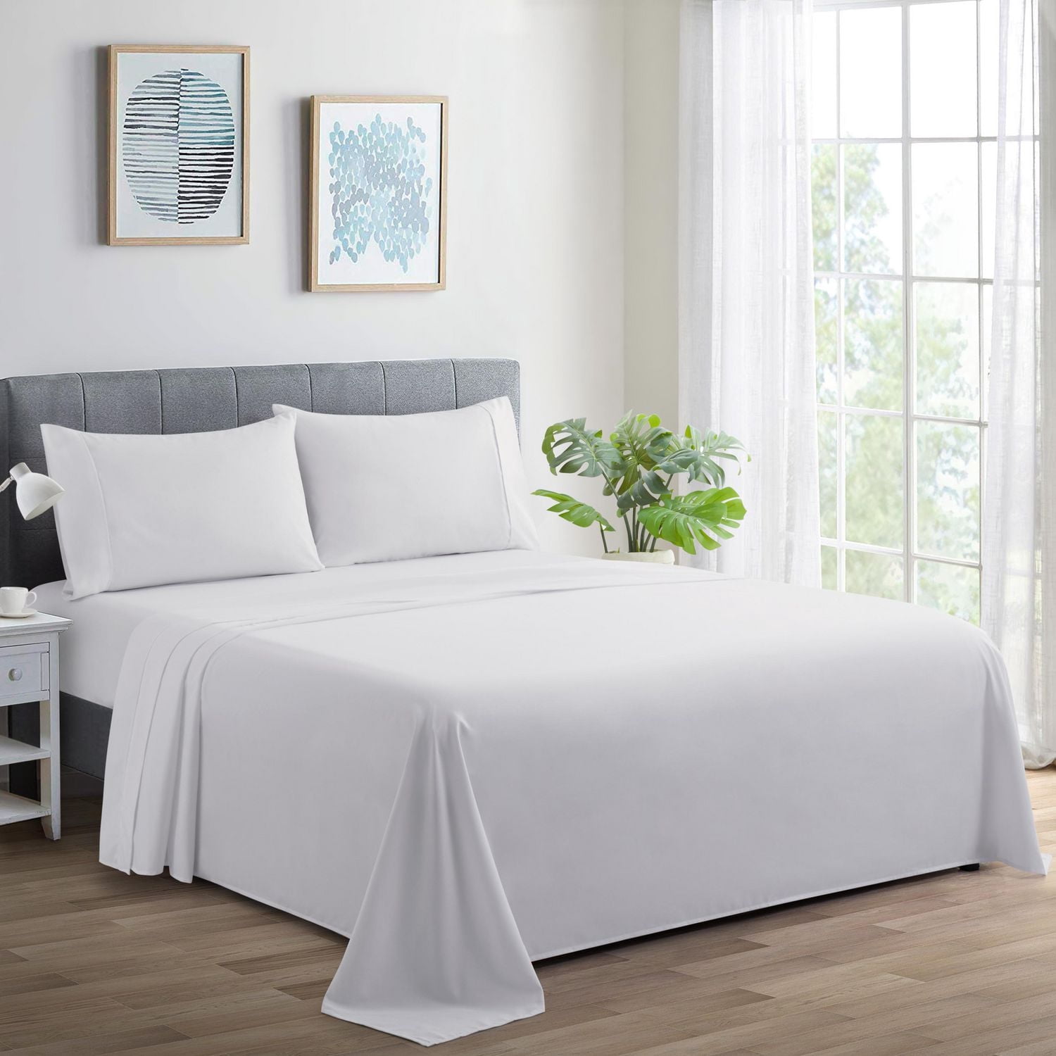 Literie Marina Decoration, 600 fils au pouce carré, ultra douce, à poches profondes, en coton percale fibres longues, toutes saisons, couleur blanche