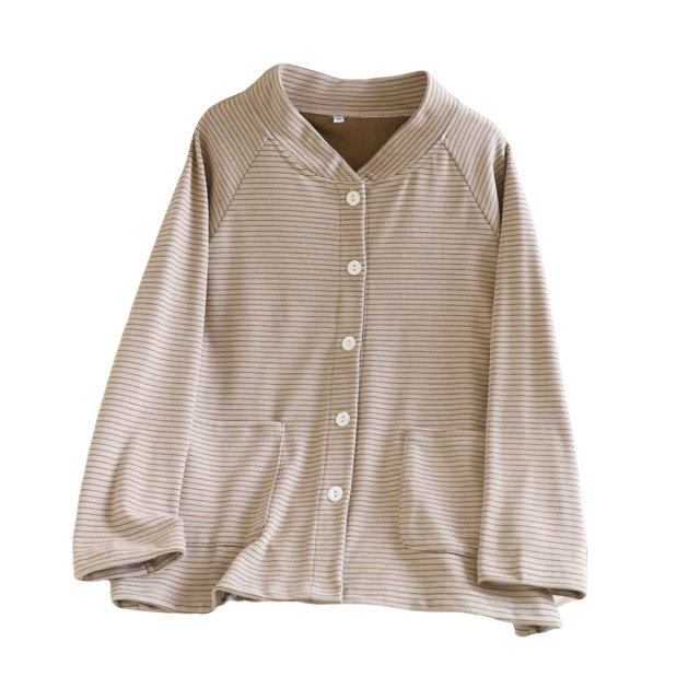 MeetoTime Haut de Pyjama pour Femme Automne Hiver à Rayures Col en V à Boutons Manches Longues Chandail de Base Vêtements de Maison