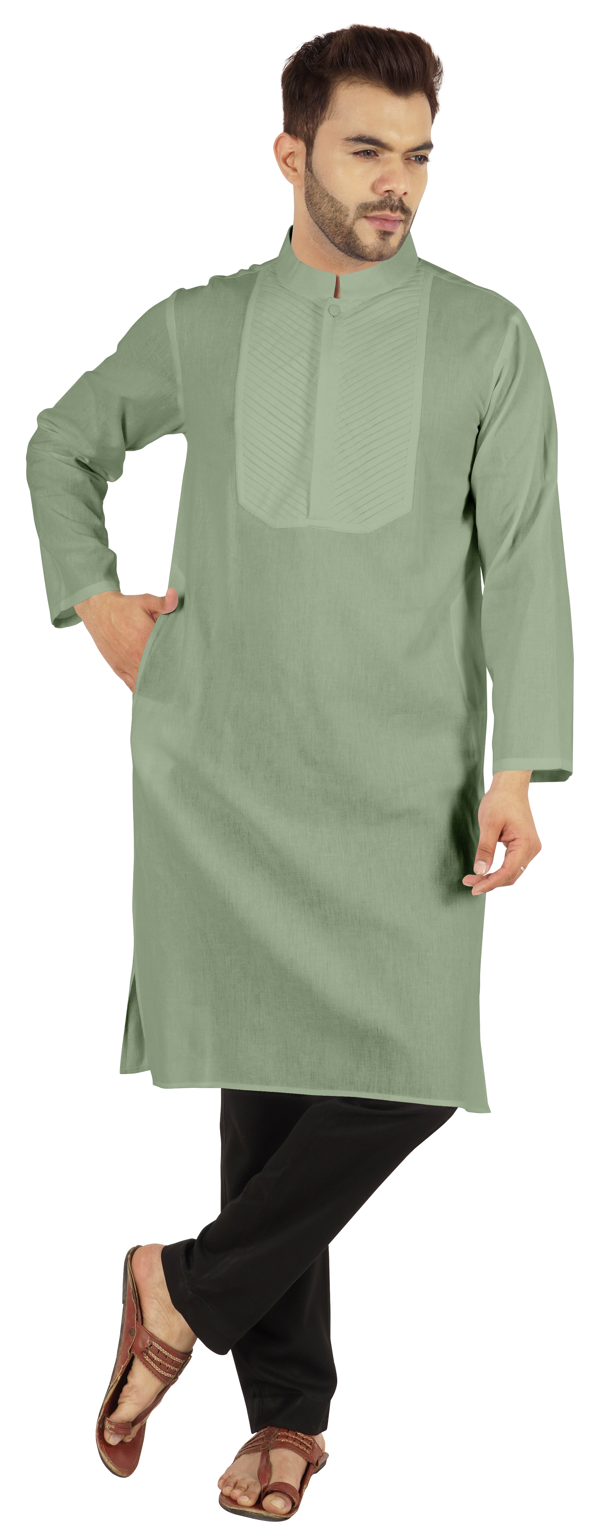 Atasi Ensemble Kurta-Pyjama Indien Uni pour Hommes Col Mandarin Kurta Décontracté Longue Tenue