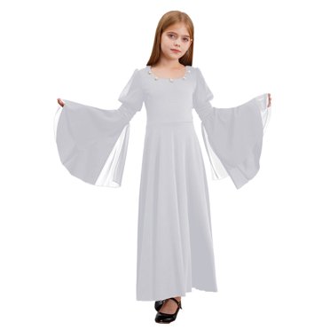 Doomiva Robe Renaissance Rétro à Manches Cloche pour Filles Enfants Costume Médiéval Halloween Cosplay Longue Robe Maxi Blanche 6