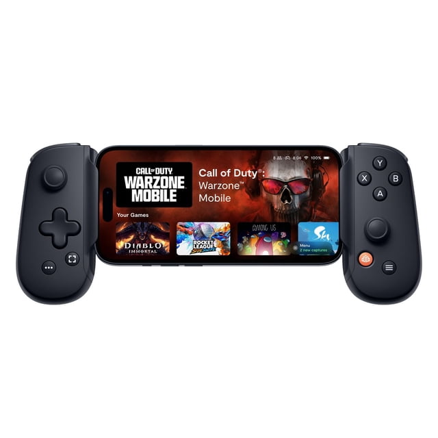 Backbone One (USB-C) mobile gaming controller in black attached to an iPhone 15 series displaying Call of Duty Warzone Mobile and other games, with ultra wide analog triggers, precise thumbsticks, and responsive D-pad and buttons for portable console-quality gaming on iOS and Android.