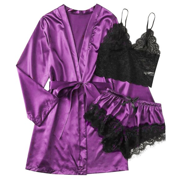 WZXFASHION Satin Silk Pajamas Women Nightdress Lingerie Robes Underwear Sleepwear Sexy Intimates Purple XXL