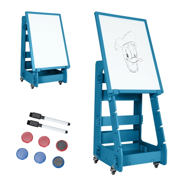 Gymax Chevalet Artistique Debout pour Enfants Tableau Effaçable à Sec Tableau Noir Double Face Bleu Marine