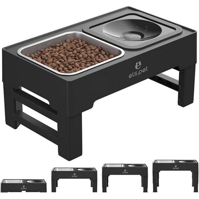 Els Pet 2 In 1 Elevated Feeding Station with black adjustable legs holding a stainless steel food bowl filled with kibble and a black splash-proof floating water bowl, designed to slow eating and promote healthy digestion for cats and dogs.