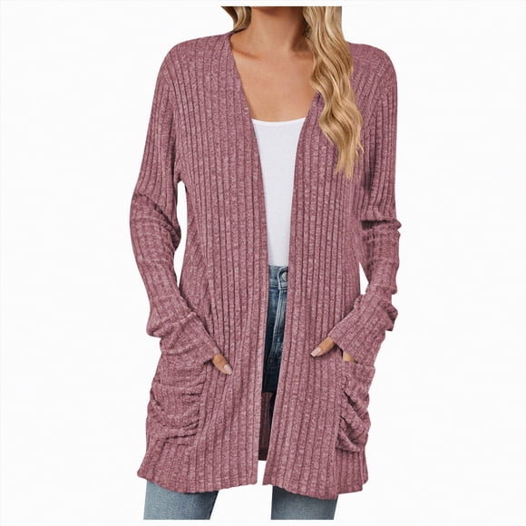 Splozh Cute Fall Sweaters Women Fall and Winter Casual Long Sleeve Cardigan Mid Length Solid Color Knitted Cardigan with Pockets Brick Red,L