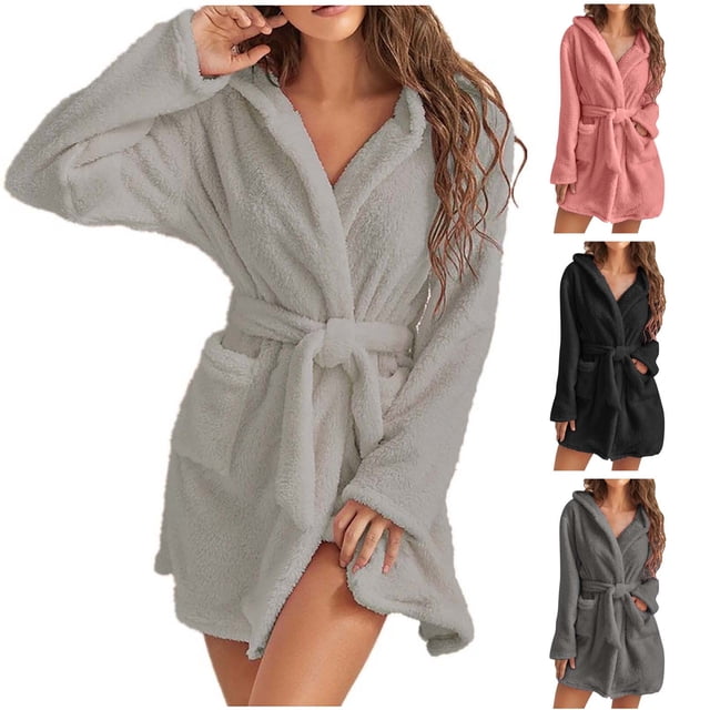 Meichang Women's Winter Robe Hooded Plush Fleece Long Sleeve Short Bathrobe Cozy Fluffy Kimono Soft Fuzzy Pockets Spa Robe