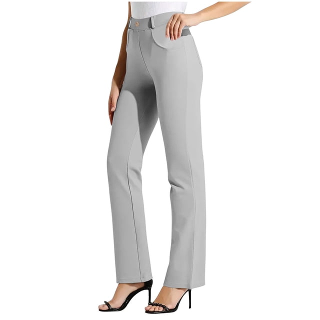 Soki Dress Pants Women Work Business Pants Tummy Control Office Straight Leg Trousers High Waisted Ladies Slacks in grey. These high-waisted trousers feature a straight-leg cut, button closure, and functional side pockets. Crafted from lightweight, breathable, and skin-friendly fabric, they are suitable for work, casual wear, or formal events. The model pairs the pants with black heels and a white top.