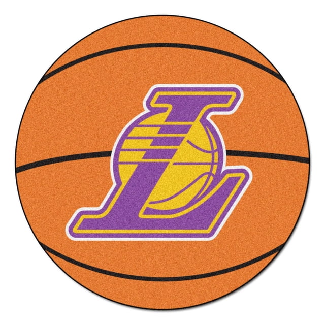 Fanmats NBA Los Angeles Lakers Basketball Mat is a 27-inch diameter basketball-shaped rug with an orange nylon face, black basketball lines, and the purple and gold Lakers logo in the center, featuring a non-skid latex backing and surged edges for durability, suitable for game rooms or dorms.