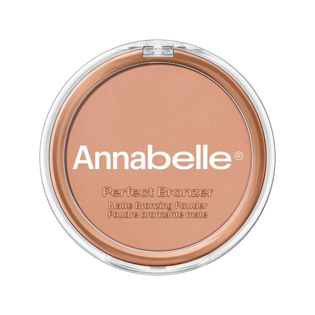 Annabelle Perfect Bronzer Talc-Free Bronzing Powder in a round clear compact showing matte bronzing powder in warm beige, featuring the Annabelle logo and product name. This mineral makeup is hypoallergenic and ideal for a natural sun-kissed glow.