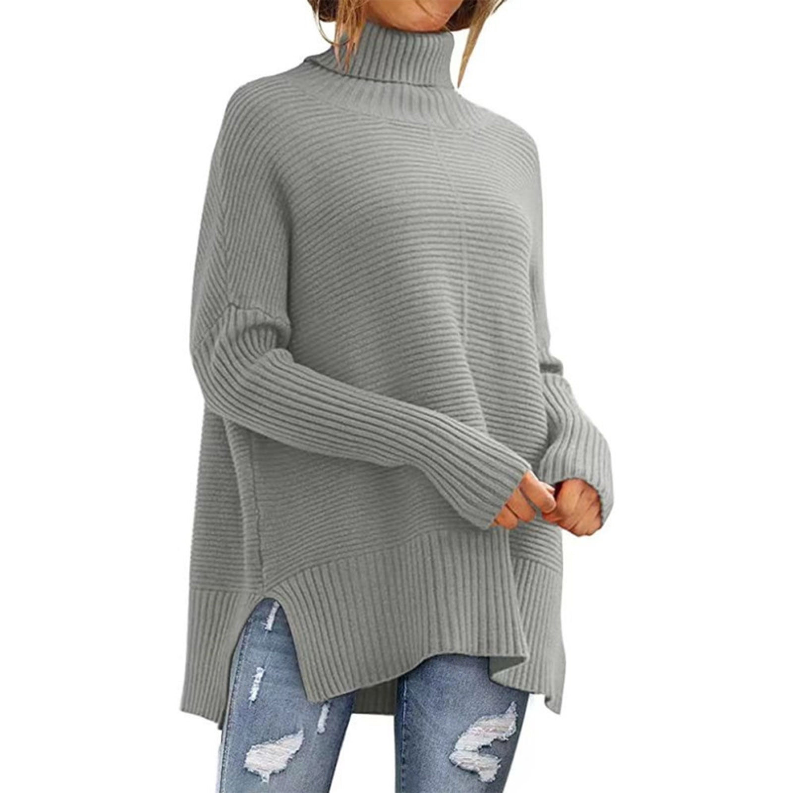 Dagegui Women's Oversized Turtleneck Sweaters Fall Drop Shoulder Long Sleeve Ribbed Knit Tunic Pullover Tops Gray,XXXL