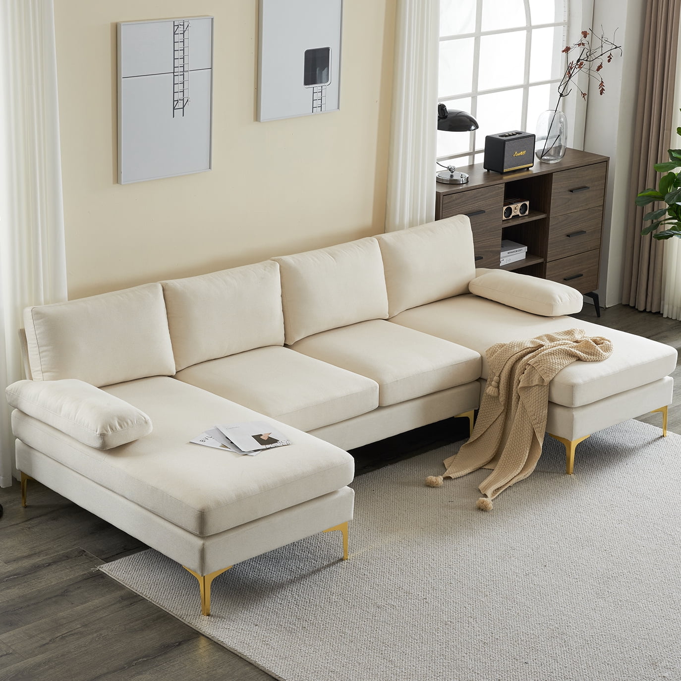 Ktaxon Sectional Sofa, U-Shape Convertible Couch Set with Soft Linen Fabric, Lounge Sleeper with Chaise for Living Room 4 Seat Beige