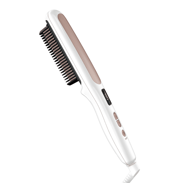 Conair Double Ceramic Heated Straight Brush, Anti‑scald Plates, 5‑Setting LED Heat, White, 1 Pk — white handheld heated straight brush with double-ceramic plates and V-shaped heat bristles, LED control for five settings up to 390°F, anti-scald plate edges, dual-voltage cord and auto shutoff; suitable for smoothing natural hair and for travel styling or wigs.
