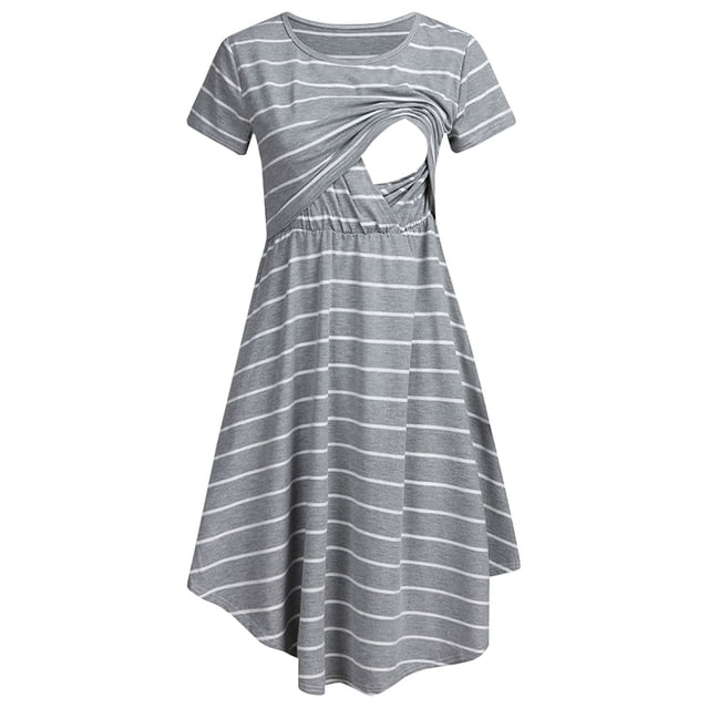 2025 Nouvelle Robe de Maternité Décontractée à Rayures pour Femmes, Robe de Maternité Portefeuille à Manches Courtes, Robe d'Allaitement, Robe d'Invitée de Mariage, Grande Taille, Rayée, Multifonctionnelle, Rayée