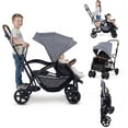thumbnail image 1 of INFANS Double Stroller with Leather Handle, Front Seat 2-Position Recline, Rear Standing Board, 5-Point Harnesses, Dual Rear Brakes and Lockable Front Wheels, Baby Pushchair for Toddlers, 1 of 9