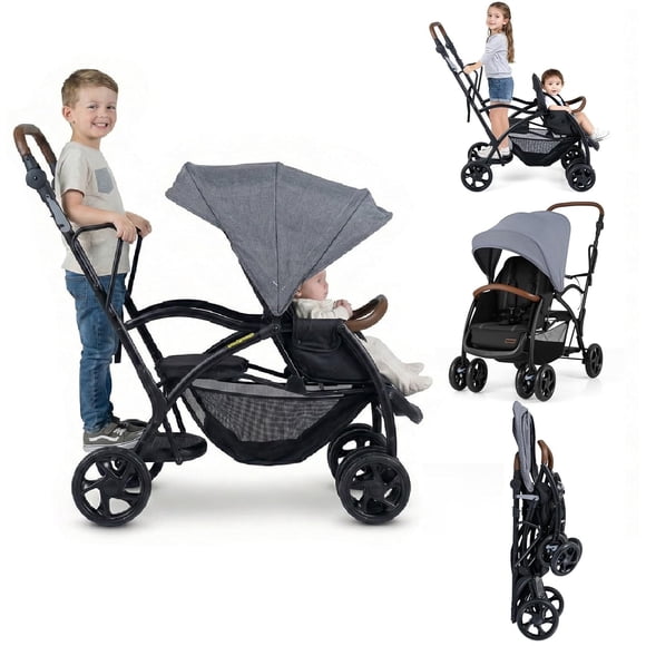 INFANS Double Stroller with Leather Handle, Front Seat 2-Position Recline, Rear Standing Board, 5-Point Harnesses, Dual Rear Brakes and Lockable Front Wheels, Baby Pushchair for Toddlers