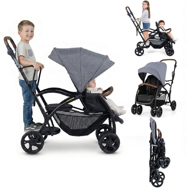 INFANS Double Stroller with leather handle in grey, featuring a front seat with 2-position recline, rear standing board, 5-point harnesses, dual rear brakes, and lockable front wheels. Suitable for toddlers aged 6-36 months and children over 2.5 years old. Includes adjustable handlebar, detachable sun canopy, large underseat storage, and foldable design for convenient travel. Ideal as a baby pushchair for families with multiple kids.