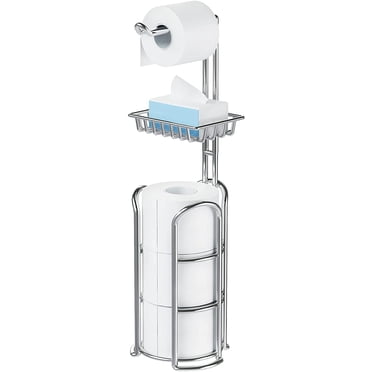 Toilet Paper Holder Stand with Reserve and Dispenser for 4 Mega Rolls, Bathroom Freestanding Toilet Tissue Paper Roll Storage with Cell Phone Shelf, Chrome