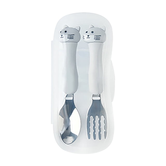 Vaidha tableware set primary school stainless steel tableware featuring a cute fork and spoon with cat-shaped handles, stored in a compact, transparent case. Made from food-grade, non-toxic stainless steel, this set is lightweight, portable, and dishwasher safe, ideal for children and toddlers. The ergonomic design and eco-friendly materials make it suitable for daily use at school, home, or during travel.