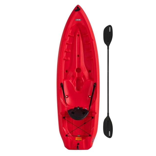Lifetime Daylite 80 Sit-On-Top Kayak in red featuring a comfortable backrest, stable hull design, tankwell storage with secure bungee cords, and a black double-blade paddle, compactly designed for easy storage and suitable for paddling and fishing adventures.