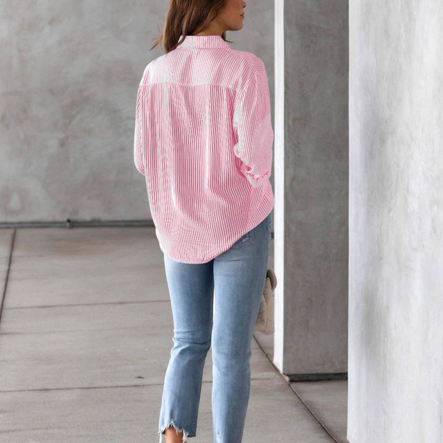 Chemisier Cardigan Décontracté à Col à Revers et Rayures pour Femmes Automne avec Boutons Manches Longues Poche Poitrine