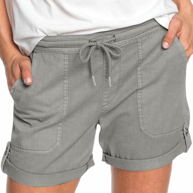 Plebaso 2025 Womens Drawstring Casual Shorts Elastic Waist Roll up Solid Color Summer Shorts with Pockets